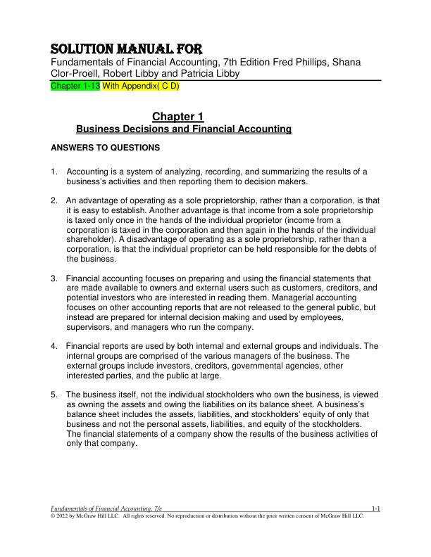 Solution Manual For Fundamentals of Financial Accounting, 7th Edition Fred Phillips, Shana Clor-Proell, Robert Libby and Patricia Libby Chapter (1-13) With Appendix