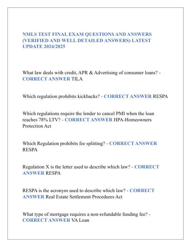 NMLS TEST FINAL EXAM QUESTIONS AND ANSWERS  (VERIFIED AND WELL DETAILED ANSWERS) LATEST  UPDATE 2024/2025