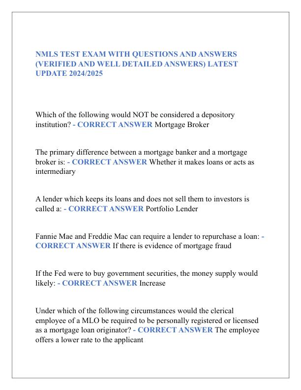 NMLS TEST EXAM WITH QUESTIONS AND ANSWERS  (VERIFIED AND WELL DETAILED ANSWERS) LATEST  UPDATE 2024/2025