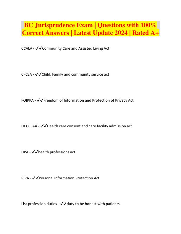 BC Jurisprudence Exam | Questions with 100%  Correct Answers | Latest Update 2024 | Rated A+