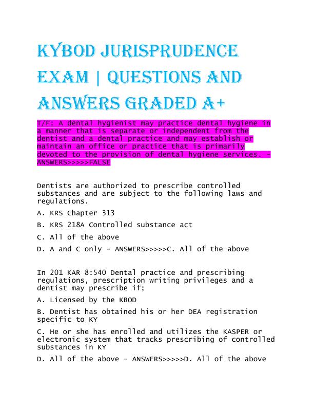 KYBOD Jurisprudence  Exam | Questions and  answers graded a+