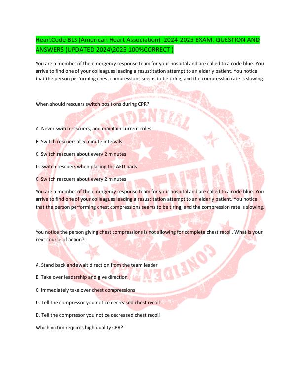 HeartCode BLS (American Heart Association) 2024-2025 EXAM. QUESTION AND  ANSWERS (UPDATED 2024\2025 100%CORRECT )