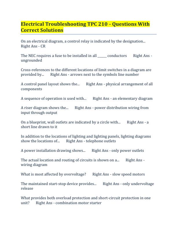 Electrical Troubleshooting TPC 210 - Questions With  Correct Solutions