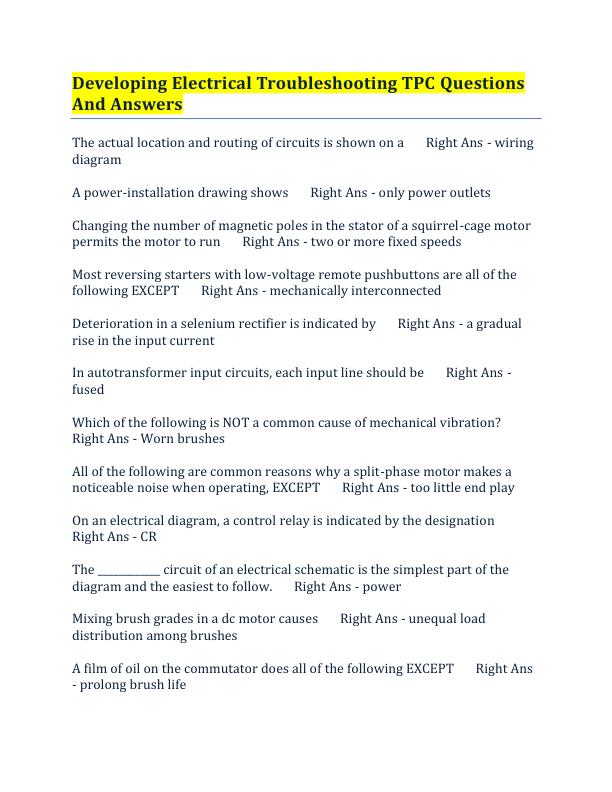 Developing Electrical Troubleshooting TPC Questions  And Answers