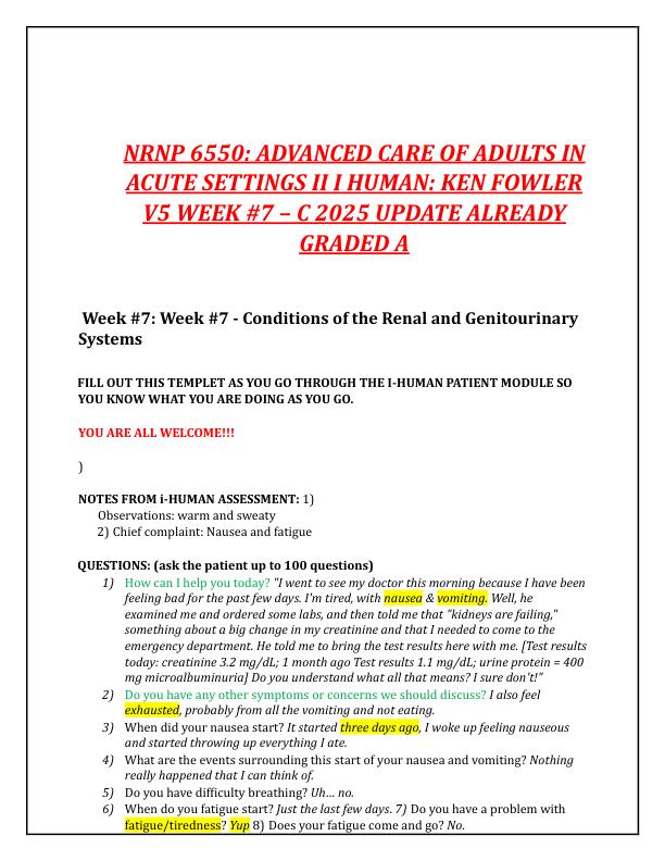 NRNP 6550 ADVANCED CARE OF ADULTS IN ACUTE SETTINGS II I HUMAN KEN FOWLER V5 WEEK #7 – C 2025 UPDATE ALREADY GRADED A