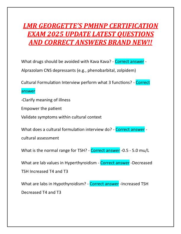 LMR GEORGETTE’S PMHNP CERTIFICATION EXAM 2025 UPDATE LATEST QUESTIONS AND CORRECT ANSWERS BRAND NEW!!