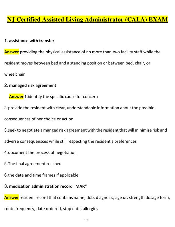 NJ Certified Assisted Living Administrator (CALA) EXAM