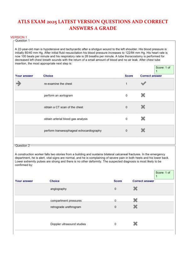 ATLS EXAM 2025 LATEST VERSION QUESTIONS AND CORRECT ANSWERS A GRADE