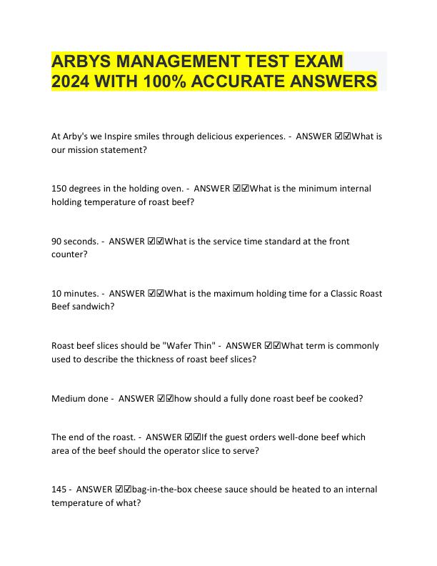 ARBYS MANAGEMENT TEST EXAM  2024 WITH 100% ACCURATE ANSWERS