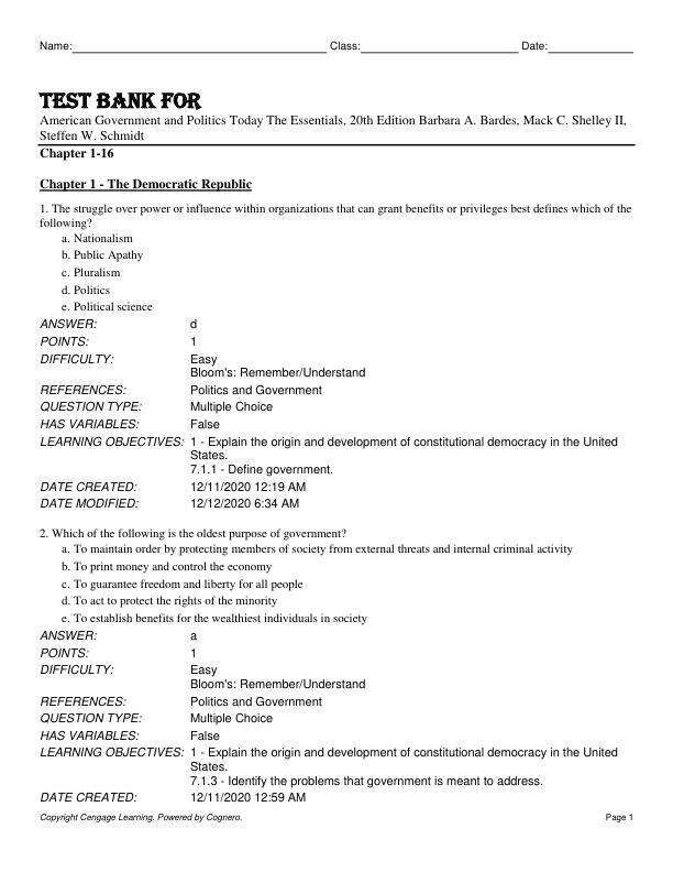 Test Bank For American Government and Politics Today The Essentials, 20th Edition BY Barbara A. Bardes, Mack C. Shelley II, Steffen W. Schmidt Chapter 1-16