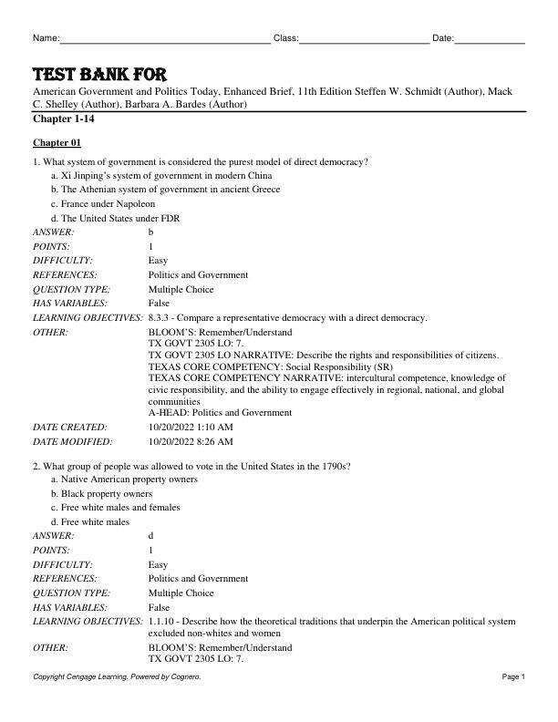Test Bank For American Government and Politics Today, Enhanced Brief, 11th Edition by Steffen W. Schmidt (Author), Mack C. Shelley (Author), Barbara A. Bardes (Author) Chapter 1-14