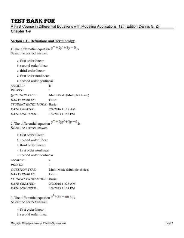 Test Bank For  A First Course in Differential Equations with Modeling Applications, 12th Edition by Dennis G. Zill