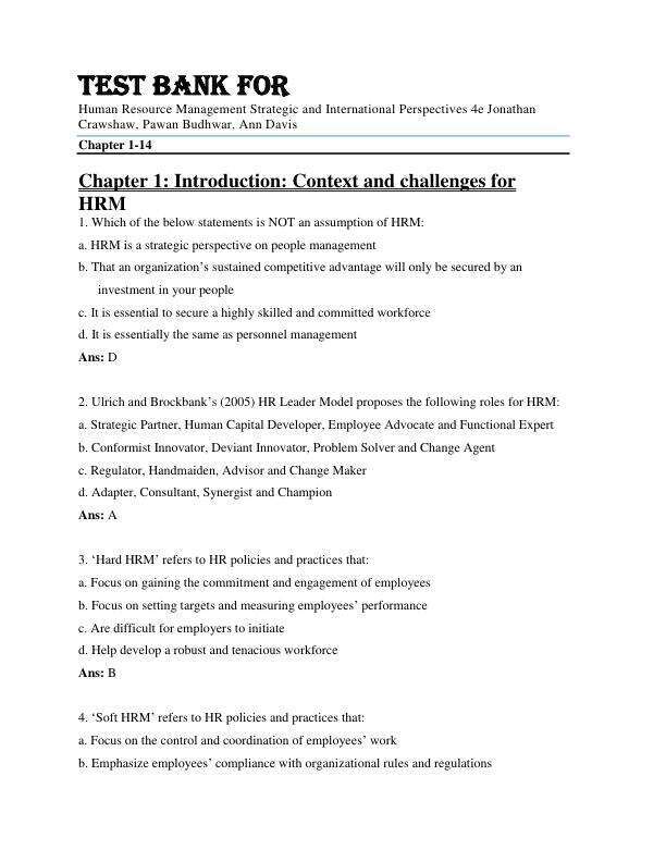 Test Bank For Human Resource Management Strategic and International Perspectives 4th Edition by Jonathan Crawshaw, Pawan Budhwar, Ann Davis Chapter 1-14