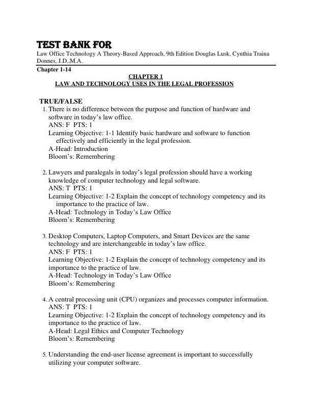 Test Bank For Law Office Technology A Theory-Based Approach, 9th Edition by Douglas Lusk, Cynthia Traina Donnes, J.D., M.A. Chapter 1-14