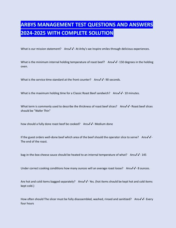 ARBYS MANAGEMENT TRAINING EXAM  2024 WITH 100% ACCURATE ANSWERS