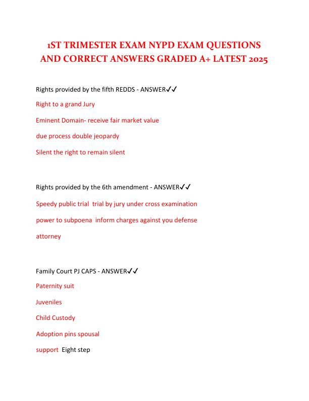 1ST TRIMESTER EXAM NYPD EXAM QUESTIONS AND CORRECT ANSWERS GRADED A+ LATEST 2025  