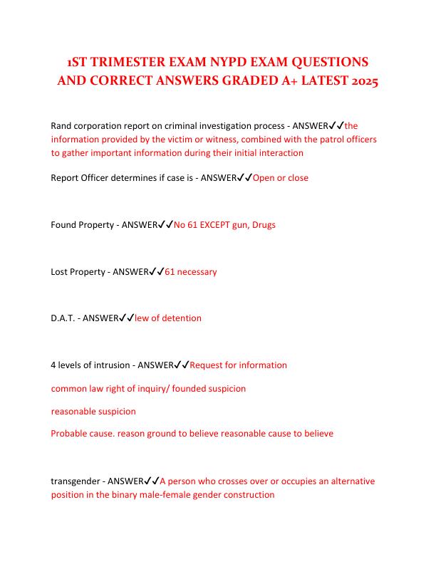 1ST TRIMESTER EXAM NYPD EXAM QUESTIONS AND CORRECT ANSWERS GRADED A+ LATEST 2025