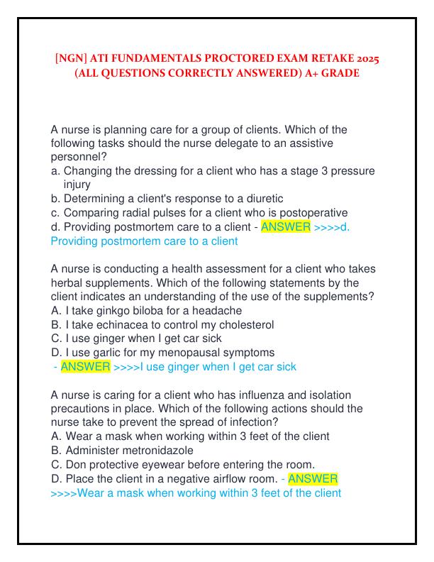 [NGN] ATI FUNDAMENTALS PROCTORED EXAM RETAKE 2025 (ALL QUESTIONS CORRECTLY ANSWERED) A+ GRADE