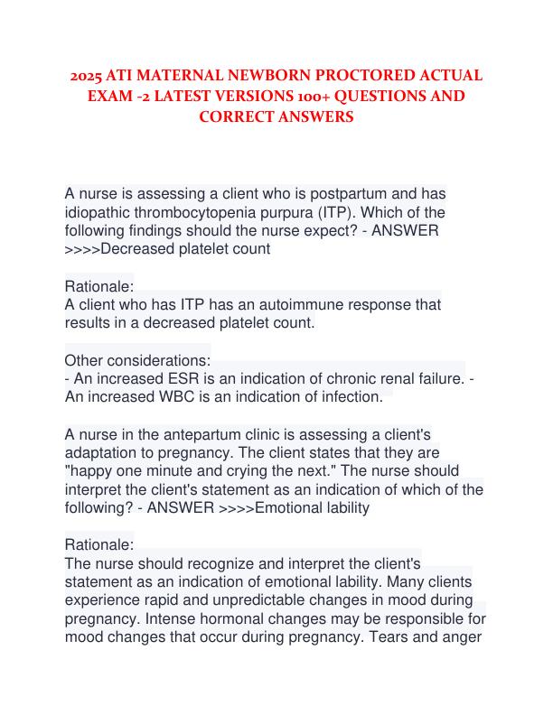 2025 ATI MATERNAL NEWBORN PROCTORED ACTUAL EXAM -2 LATEST VERSIONS 100+ QUESTIONS AND CORRECT ANSWERS