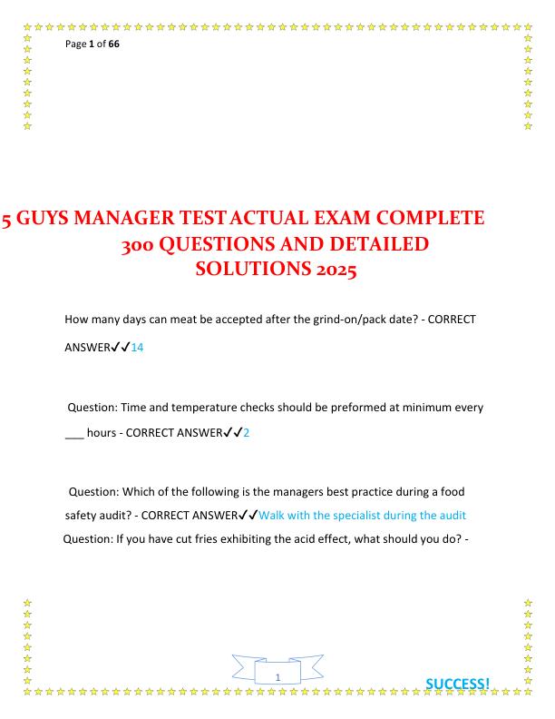 5 GUYS MANAGER TEST ACTUAL EXAM COMPLETE 300 QUESTIONS AND DETAILED SOLUTIONS JUST RELEASED THIS YEAR