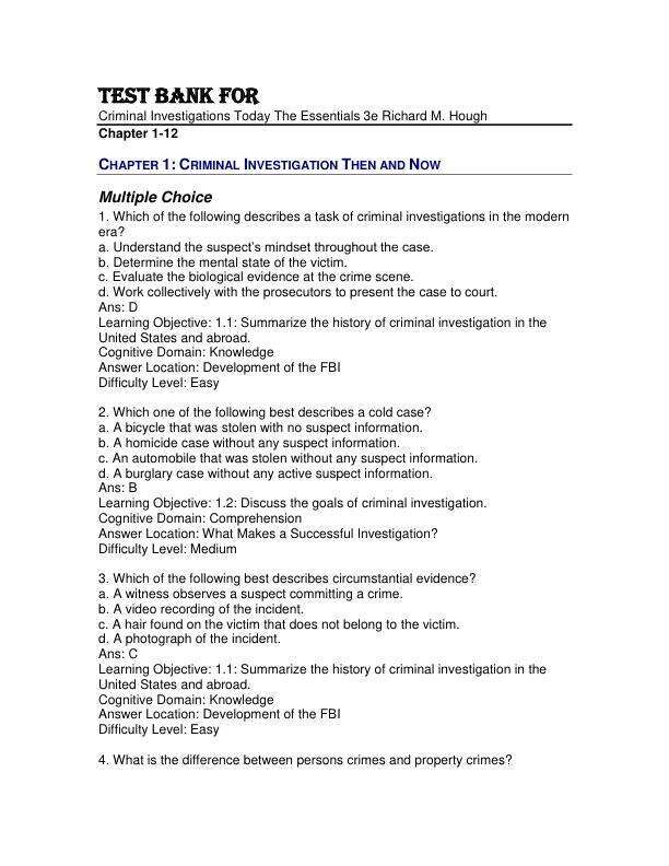Test Bank For Criminal Investigations Today The Essentials 3th Edition by Richard M. Hough Chapter 1-12