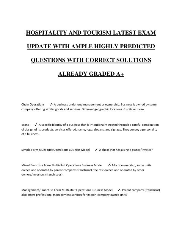HOSPITALITY AND TOURISM LATEST EXAM  UPDATE WITH AMPLE HIGHLY PREDICTED  QUESTIONS WITH CORRECT SOLUTIONS  ALREADY GRADED A+