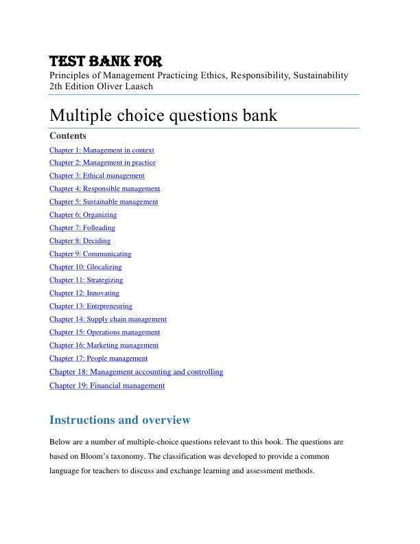 Test Bank For Principles of Management Practicing Ethics, Responsibility, Sustainability 2th Edition by Oliver Laasch