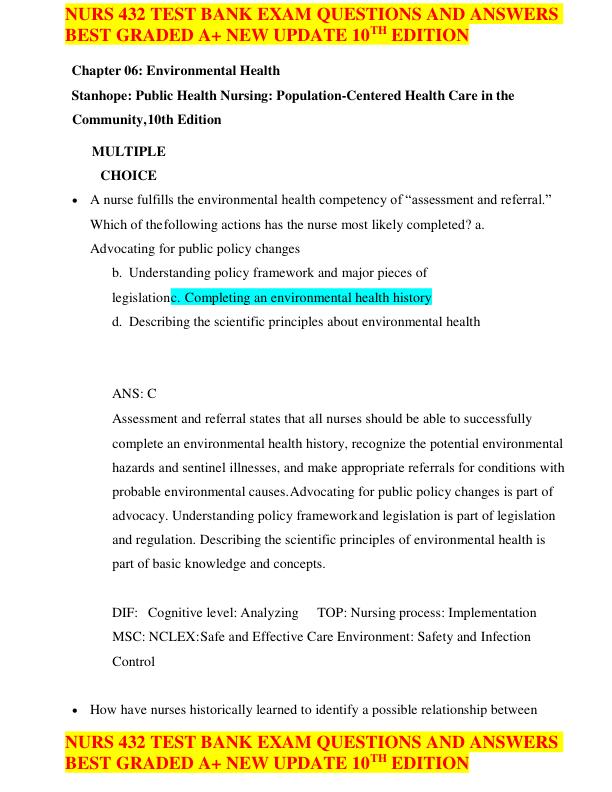 NURS 432 TEST BANK EXAM QUESTIONS AND ANSWERS  BEST GRADED A+ NEW UPDATE 10TH EDITION
