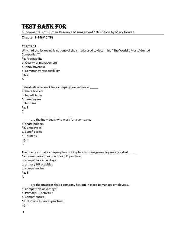 Test Bank For Fundamentals of Human Resource Management 1th Edition by Mary Gowan Chapter 1-14