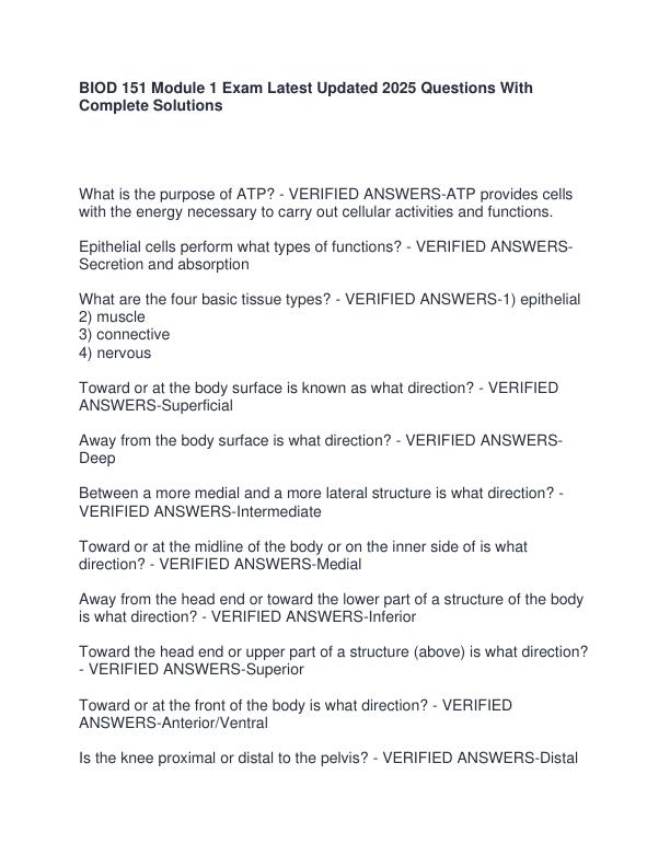 BIOD 151 Module 1 Exam Latest Updated 2025 Questions With Complete Solutions