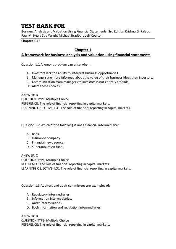 Test Bank For Business Analysis and Valuation Using Financial Statements, 3rd Edition Krishna G. PalepuPaul M. HealySue WrightMichael BradburyJeff Coulton