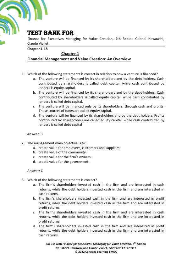 Test Bank For Finance for Executives Managing for Value Creation, 7th Edition by Gabriel Hawawini, Claude Viallet Chapter 1-18