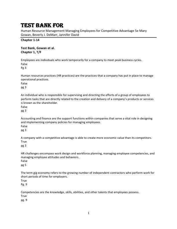 Test Bank For Human Resource Management Managing Employees for Competitive Advantage 5e Mary Gowan, Beverly J. DeMarr, Jannifer David Chapter(1-14)