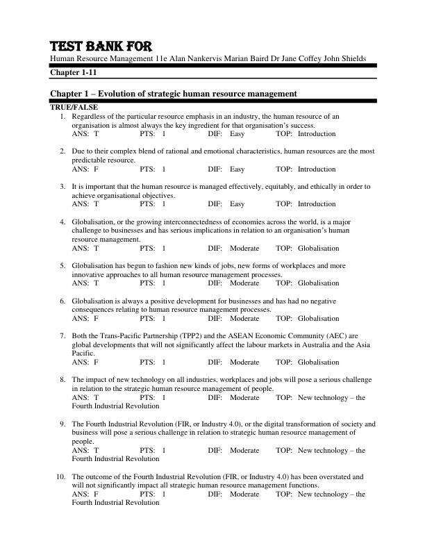 Test Bank For Human Resource Management 11th Edition by Alan NankervisMarian BairdDr Jane CoffeyJohn Shields Chapter 1-11