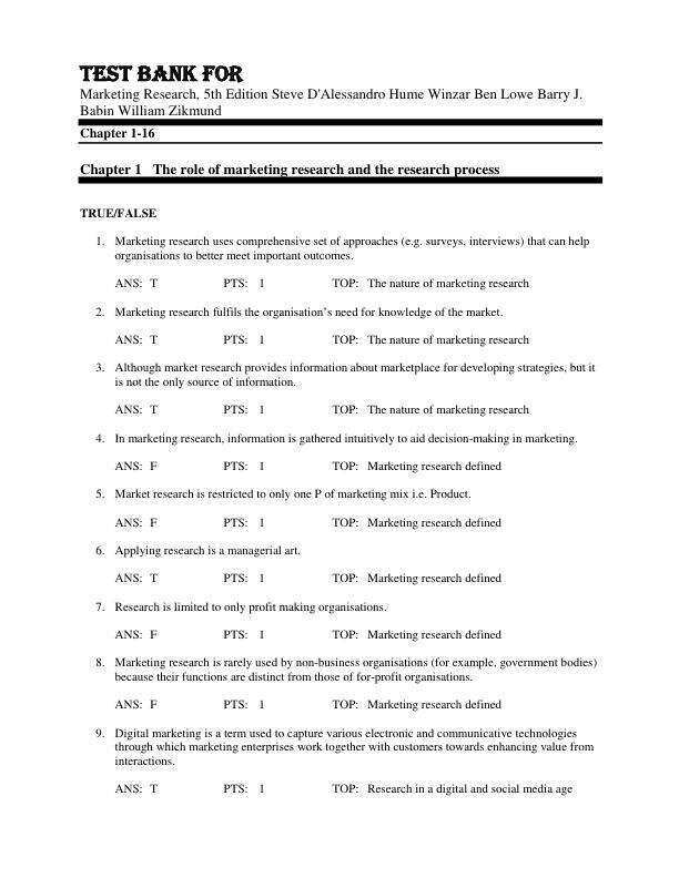 Test Bank For Marketing Research, 5th Edition by Steve D'AlessandroHume WinzarBen LoweBarry J. BabinWilliam Zikmund Chapter 1-16