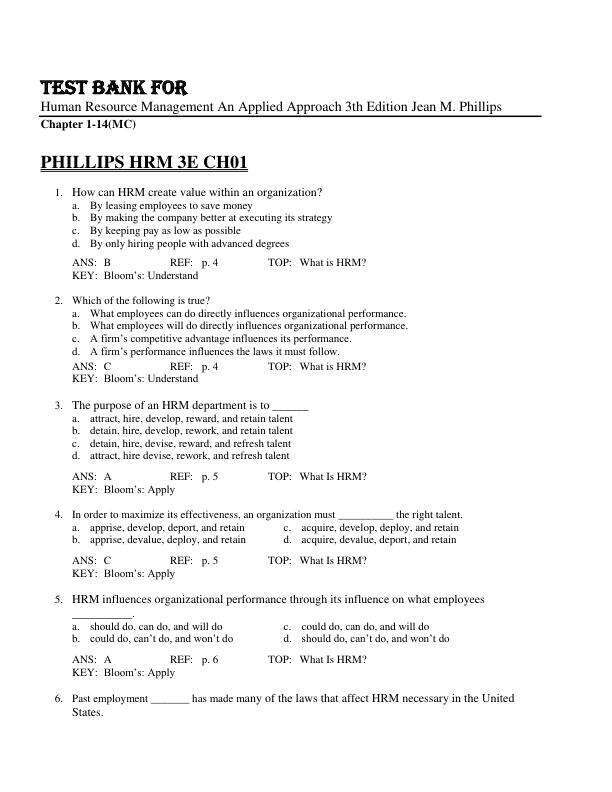 Test Bank For Human Resource Management An Applied Approach 3th Edition by Jean M. Phillips Chapter 1-14
