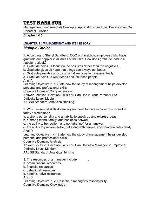 Test Bank For Management Fundamentals Concepts, Applications, and Skill Development 9th Eedition by  Robert N. Lussier