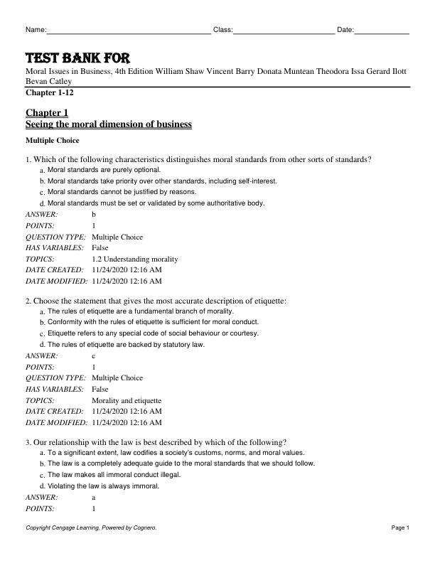 Test Bank For Moral Issues in Business, 4th Edition by William ShawVincent BarryDonata MunteanTheodora IssaGerard IlottBevan Catley Chapter 1-12