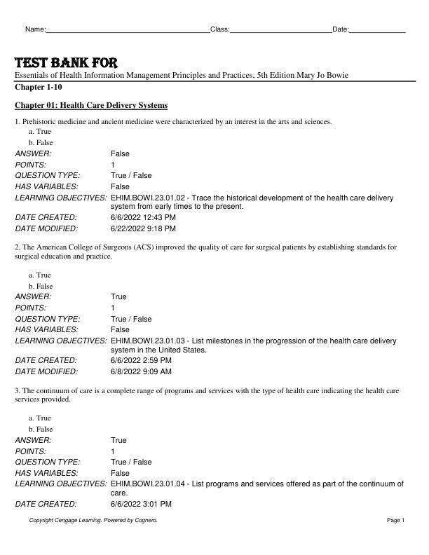 Test Bank For Essentials of Health Information Management Principles and Practices, 5th Edition Mary Jo Bowie Chapter 1-10