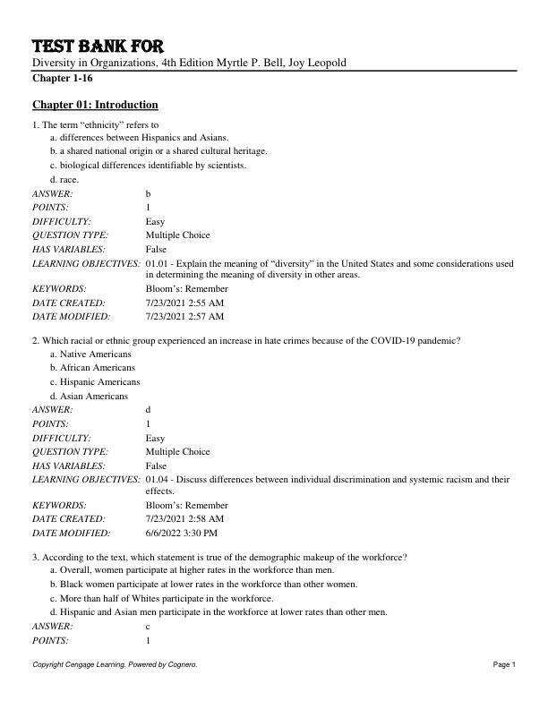 Test Bank For Diversity in Organizations, 4th Edition by Myrtle P. Bell, Joy Leopold Chapter 1-16