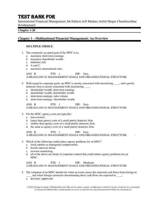 Test Bank For International Financial Management 2th Edition by Jeff MaduraAriful HoqueChandrasekhar Krishnamurti Chapter 1-20