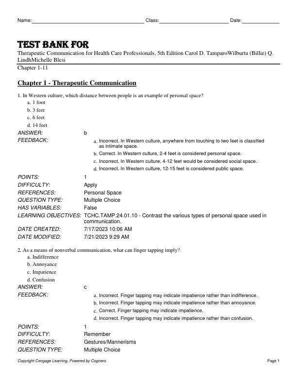 Test Bank For Therapeutic Communication for Health Care Professionals, 5th Edition by Carol D. TamparoWilburta (Billie) Q. LindhMichelle Blesi