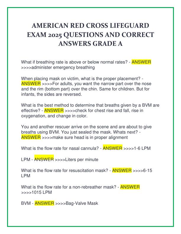 AMERICAN RED CROSS LIFEGUARD EXAM 2025 QUESTIONS AND CORRECT ANSWERS GRADE A
