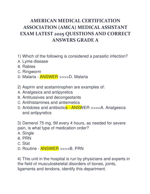 AMERICAN MEDICAL CERTIFICATION ASSOCIATION (AMCA) MEDICAL ASSISTANT EXAM LATEST 2025 QUESTIONS AND CORRECT ANSWERS GRADE A