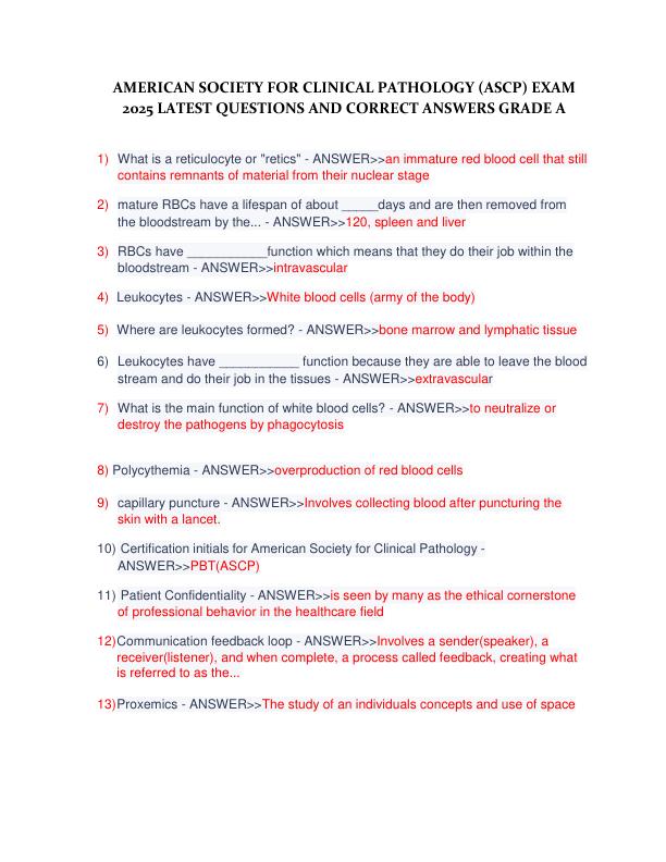 AMERICAN SOCIETY FOR CLINICAL PATHOLOGY (ASCP) EXAM 2025 LATEST QUESTIONS AND CORRECT ANSWERS GRADE A