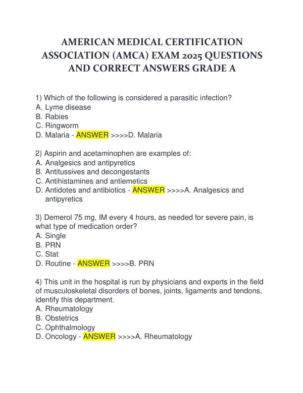 AMERICAN MEDICAL CERTIFICATION ASSOCIATION (AMCA) EXAM 2025 QUESTIONS AND CORRECT ANSWERS GRADE A