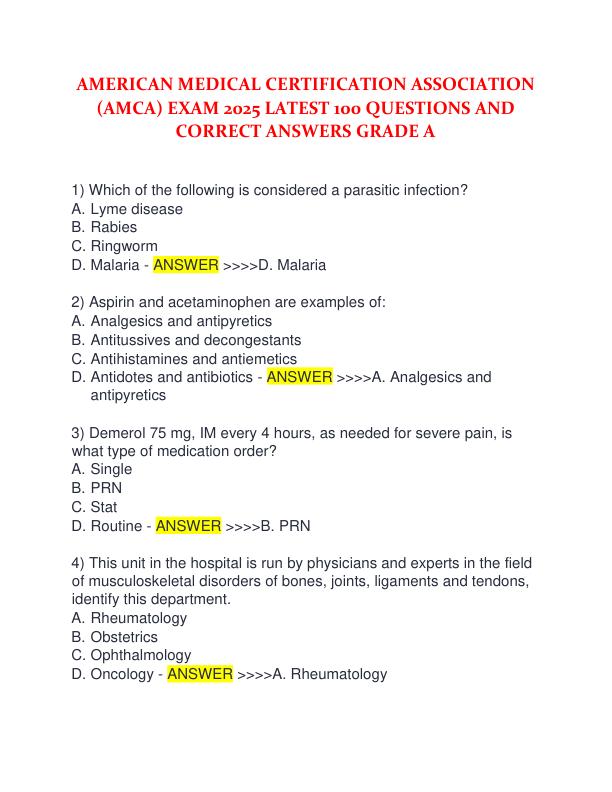 AMERICAN MEDICAL CERTIFICATION ASSOCIATION (AMCA) EXAM 2025 LATEST 100 QUESTIONS AND CORRECT ANSWERS GRADE A