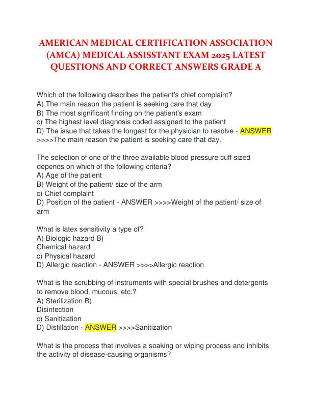 AMERICAN MEDICAL CERTIFICATION ASSOCIATION (AMCA) MEDICAL ASSISSTANT EXAM 2025 LATEST QUESTIONS AND CORRECT ANSWERS GRADE A