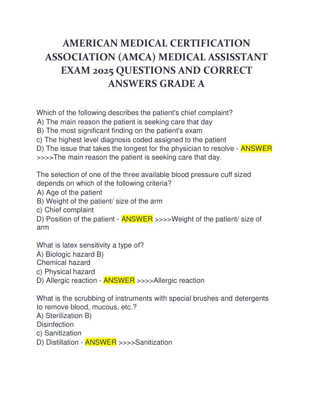 AMERICAN MEDICAL CERTIFICATION ASSOCIATION (AMCA) MEDICAL ASSISSTANT EXAM 2025 QUESTIONS AND CORRECT ANSWERS GRADE A