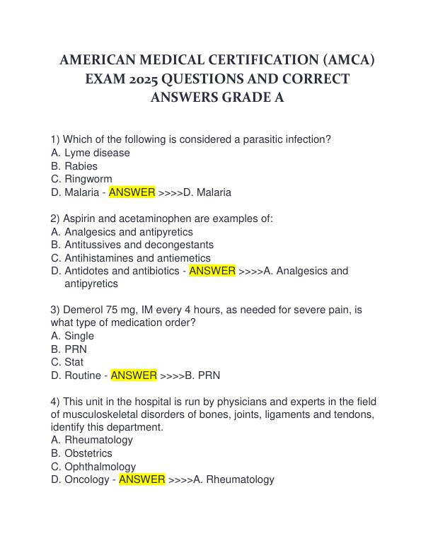 AMERICAN MEDICAL CERTIFICATION (AMCA) EXAM 2025 QUESTIONS AND CORRECT ANSWERS GRADE A